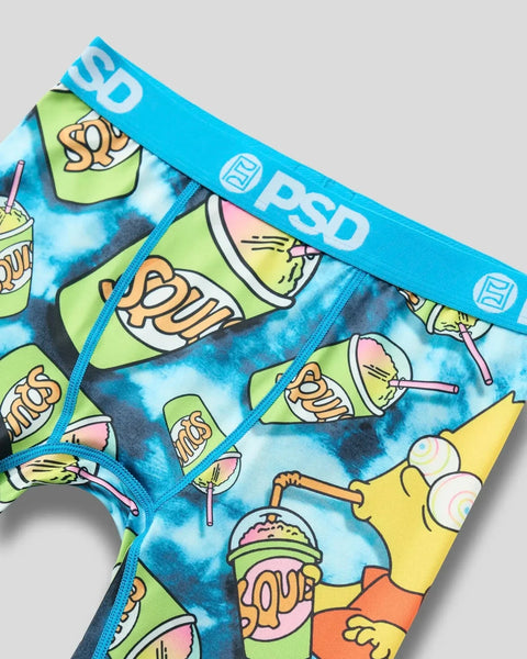 Blue PSD underwear with Bart Simpson and Squishee cup print pattern throughout.