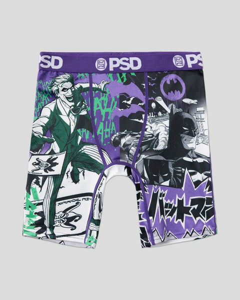 PSD boxer briefs featuring split design with Joker on left side in green suit and Batman on right side in black, purple waist