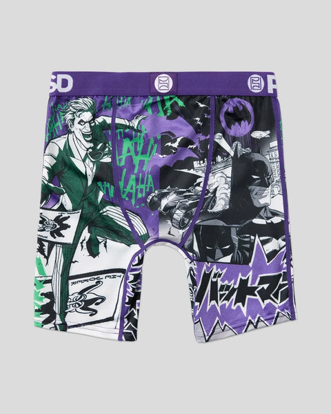 Boxer briefs split down the center with Joker character on left in green and purple, Batman on right in black and white.