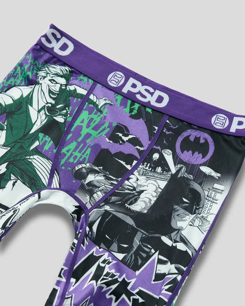 Purple and black underwear with split design featuring Batman and Joker characters from DC Comics.