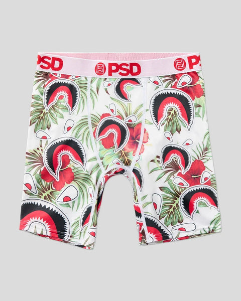 White boxer briefs with red and black graphic mouths, green tropical leaves, and pink PSD waistband.