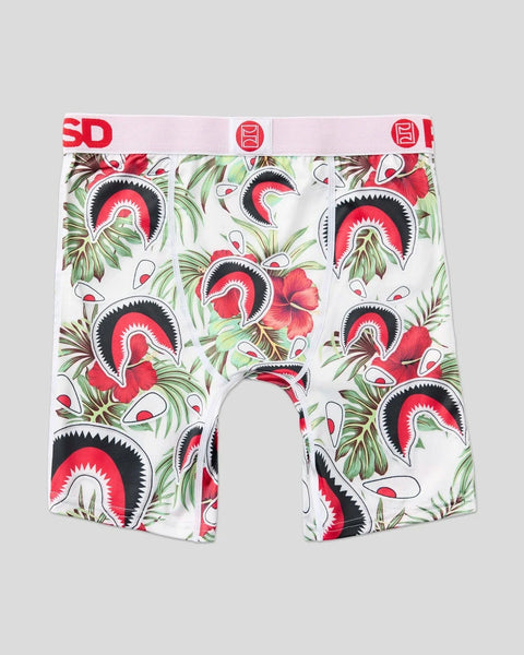 White boxer briefs with red and black shark mouth patterns and green tropical foliage throughout.