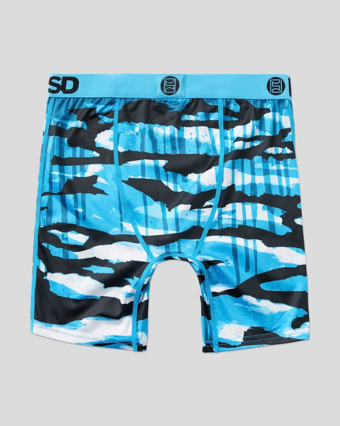 Blue, black, and white camouflage boxer briefs with geometric stripe pattern and blue waistband.