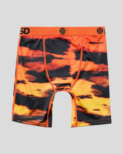 Orange and black fire gradient athletic shorts with contrasting orange stitching and branded waistband.