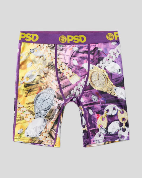 PSD boxer briefs with purple waistband featuring yellow and purple panels with watches, chains, and dice graphics.