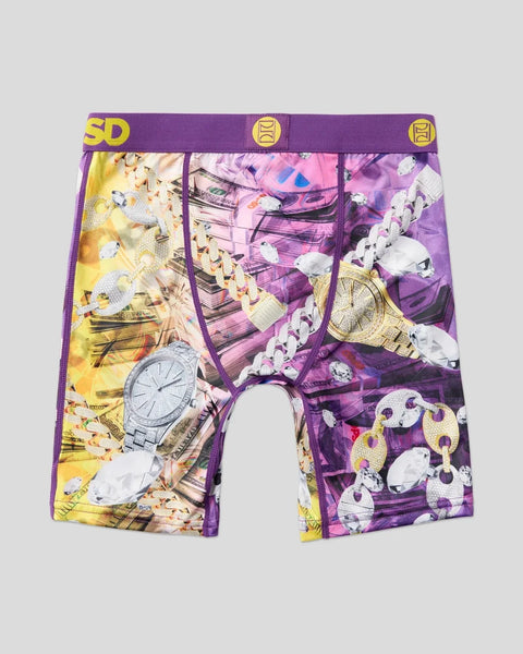 Purple and gold boxer briefs with luxury item print including watches, chains, and money, featuring purple waistband with gol