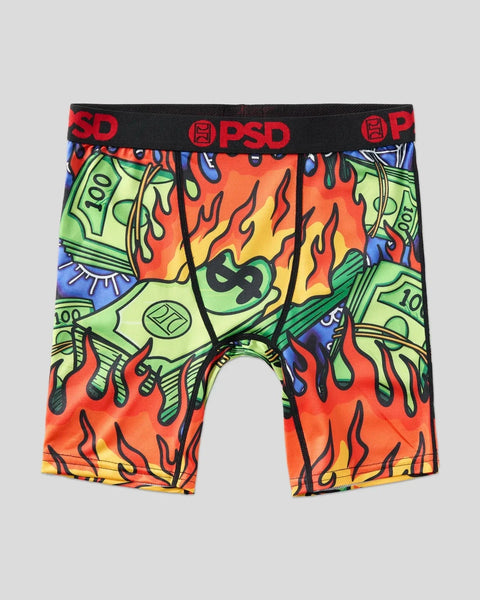 PSD brand boxer briefs with colorful graphic print featuring flames, money bills, and dollar signs on red, yellow, green, and
