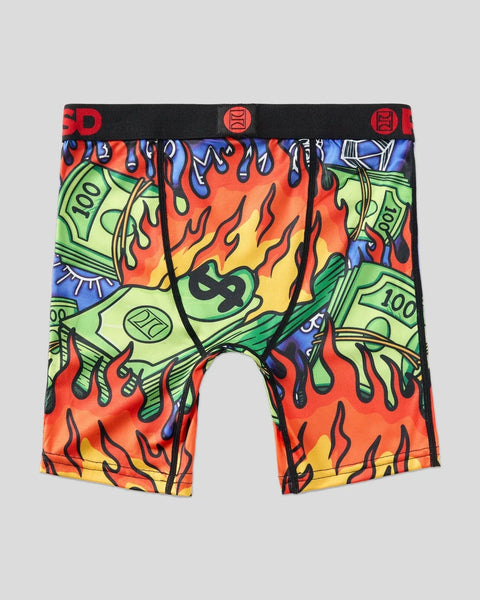 Men's boxer briefs with colorful flame and money graphic print on orange, yellow, and green background with black waistband.