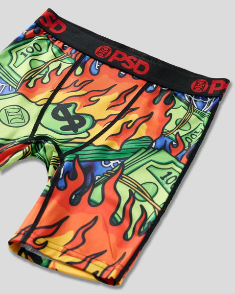 PSD underwear briefs with money and flame graphic print in green, orange, and yellow.