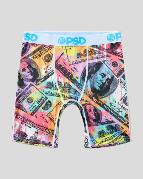 Pastel Benjis boxer briefs with multicolored dollar bill and portrait print, light blue waistband with PSD branding.