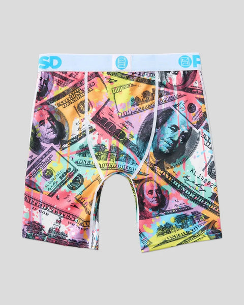 Pastel Benjis boxer briefs with multicolor dollar bill and portrait print throughout, white waistband with blue logo detail.