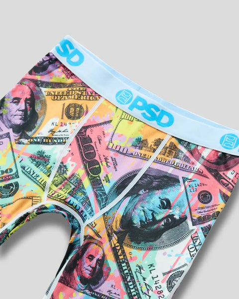 Colorful briefs with pastel dollar bill and portrait prints, light blue waistband with 