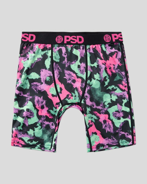 PSD brand boxer briefs with neon pink, purple, and green camouflage pattern on black base and elastic waistband.
