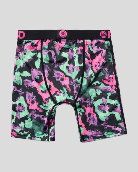 Men's boxer briefs with black, neon pink, purple, and mint green camouflage pattern and pink elastic waistband.