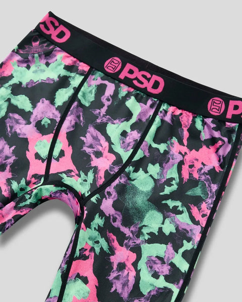 Black poplin boxer briefs with neon pink, green, and purple camouflage pattern and PSD logo waistband.