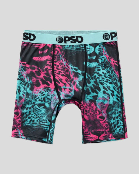 Black boxer briefs with neon pink and turquoise cheetah print pattern and light blue PSD waistband.