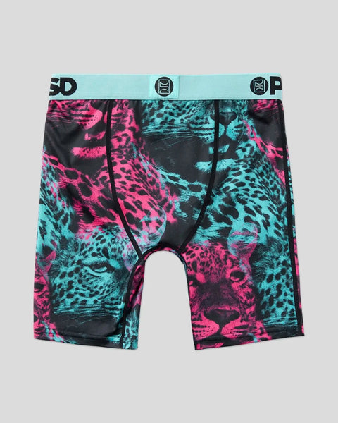 Men's boxer briefs with neon pink and turquoise cheetah print on black, turquoise waistband with logo.