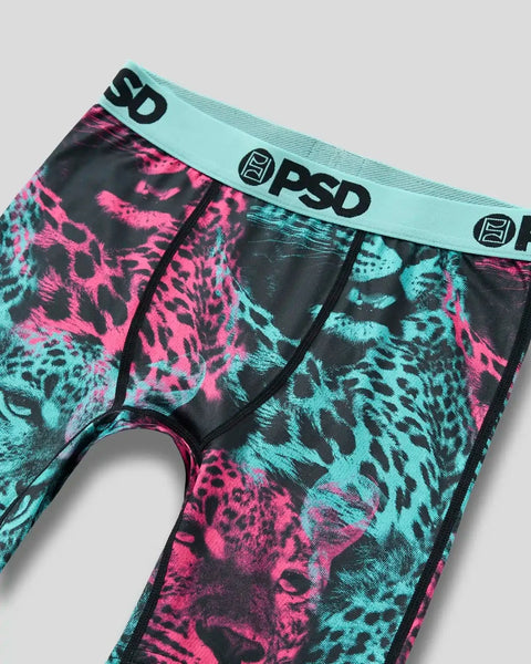 Mens briefs in neon pink and turquoise leopard print with turquoise waistband and PSD branding.
