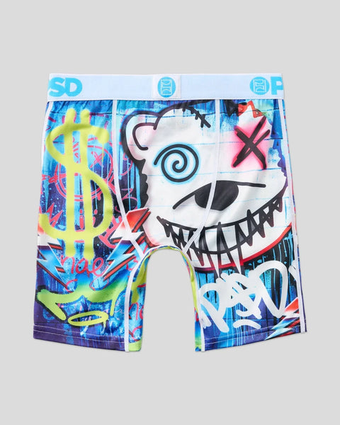 Blue and white boxer briefs with colorful graffiti-style graphics including a skeletal face, dollar sign, and abstract design