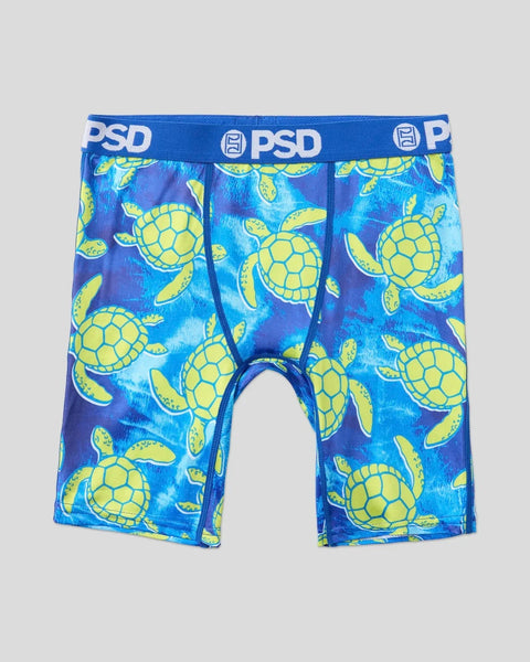 Blue boxer briefs with yellow sea turtle print and blue PSD waistband.