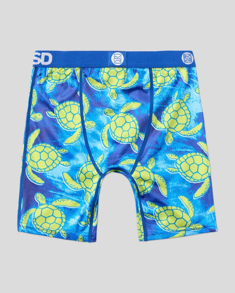 Blue boxer briefs with yellow and green sea turtle pattern and blue waistband.