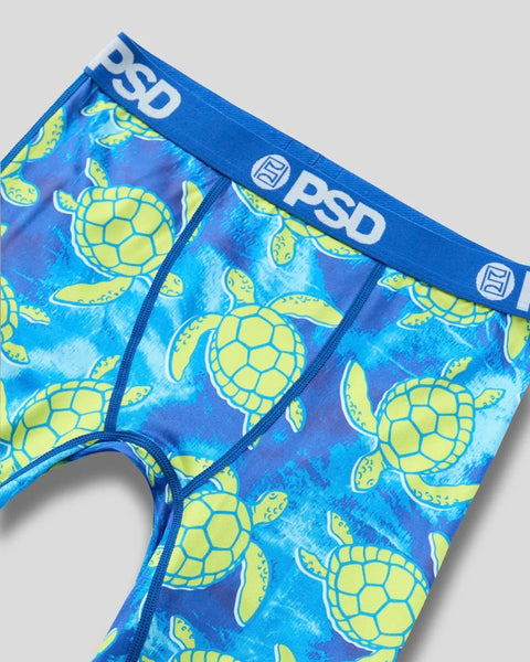 Blue briefs with yellow sea turtle pattern and white PSD waistband.