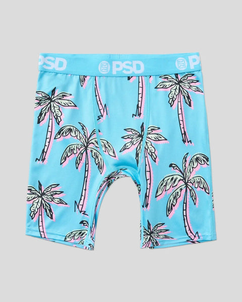 Turquoise boxer briefs with palm tree print and PSD waistband.