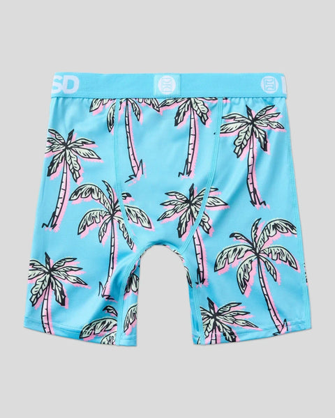 Bright blue boxer shorts with all-over palm tree print in black and pink, elastic waistband with logo detail.