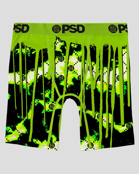 PSD boxer briefs with neon green and black slime-drip graphic print and repeating logo pattern.