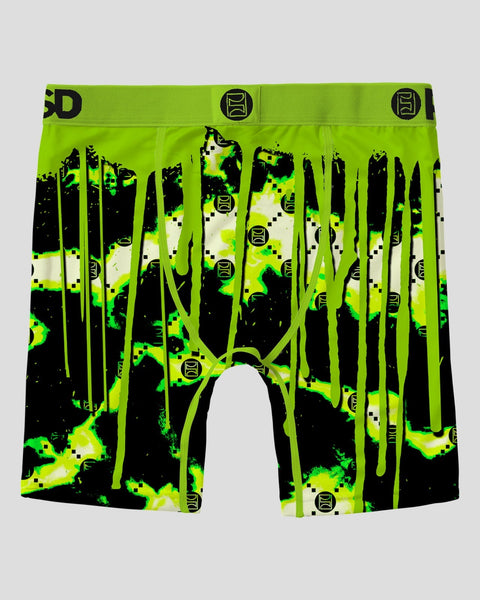 Neon green and black boxer shorts with dripping slime pattern and branded waistband.