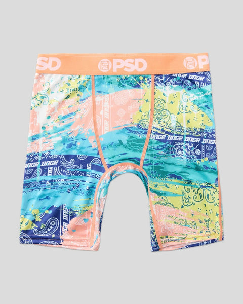 Men's boxer briefs with multicolor patchwork paisley and graphic print design, orange PSD waistband.