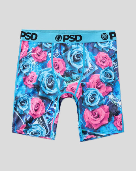 PSD boxer briefs with blue waistband featuring pink and blue rose print and text graphics throughout.