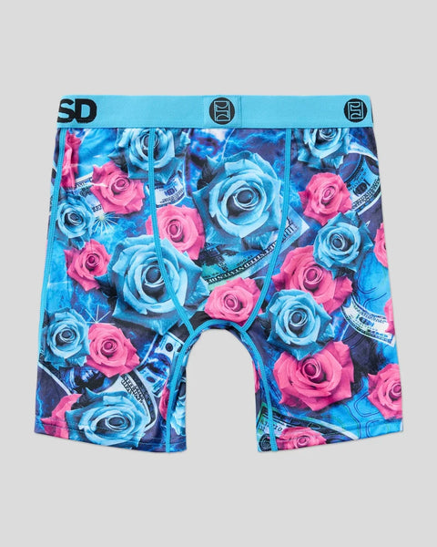 Boxer briefs with blue waistband featuring all-over print of pink and blue roses with dollar bill accents.
