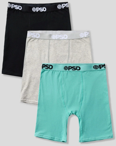 Three boxer briefs in black, light gray, and turquoise with PSD branded waistbands.