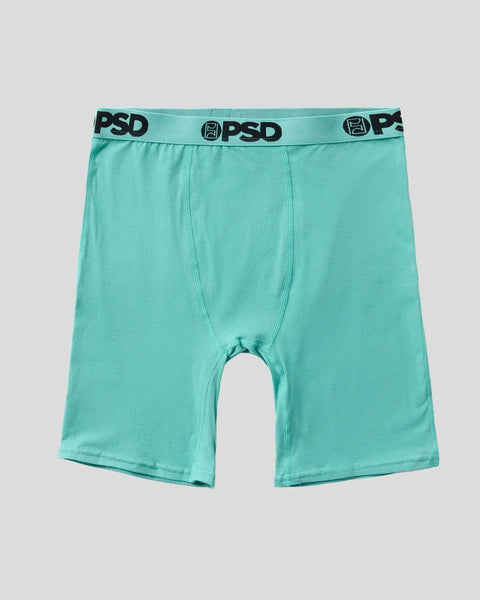 Turquoise briefs with PSD waistband and center seam detail.