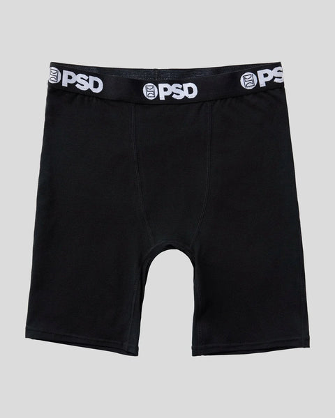 Black boxer briefs with PSD branded elastic waistband and center seam detail.