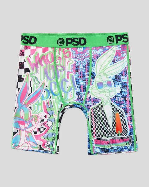 Bright green PSD boxer briefs featuring colorful Bugs Bunny glitch art design with pink, blue, and checkered patterns.