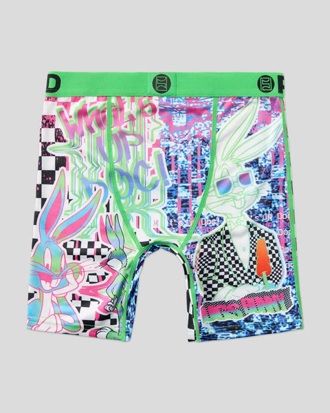 Bugs Bunny character boxer briefs with neon glitch-style graphics, green waistband, and multicolored digital patterns.