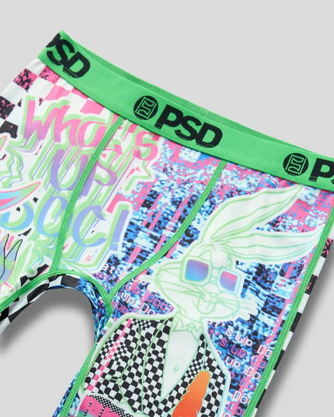Green-waistband underwear with multicolored glitch and cartoon character graphics in pink, blue, and black patterns.