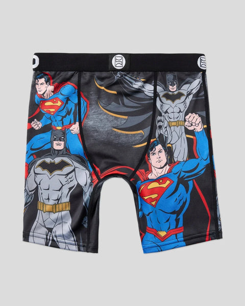 Black boxer briefs with DC Comics characters including Superman and Batman printed across front and sides.