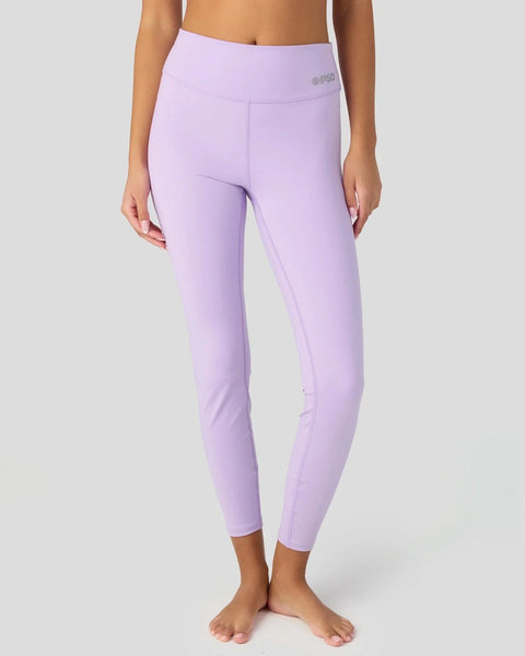 Lavender high-waist leggings with side seam detail and logo on waistband.