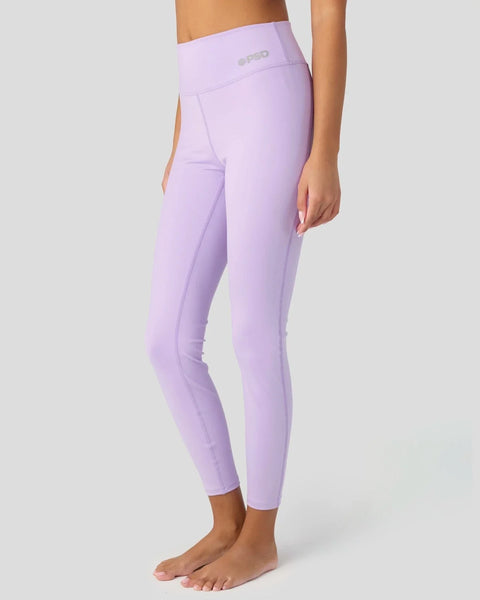 Lavender-colored high-waisted cropped leggings with PSD branding on the waistband.