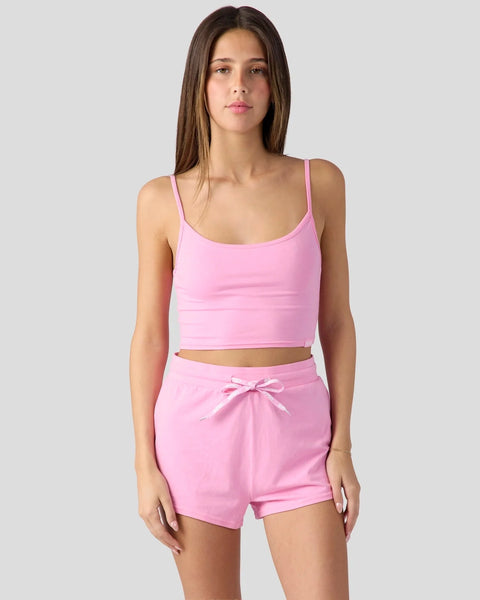 Bubblegum pink cami top with spaghetti straps and matching shorts with drawstring waist.