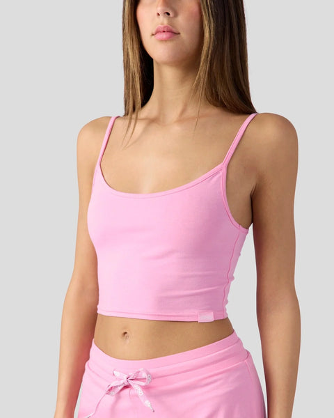 Bubblegum pink cami top with thin straps and scoop neckline, paired with matching drawstring shorts.