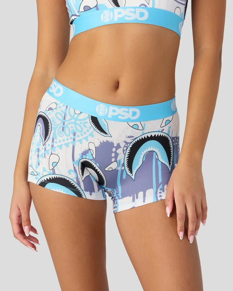 PSD branded underwear with blue waistband and graphic print featuring stylized eyes and abstract shapes in blue and purple to