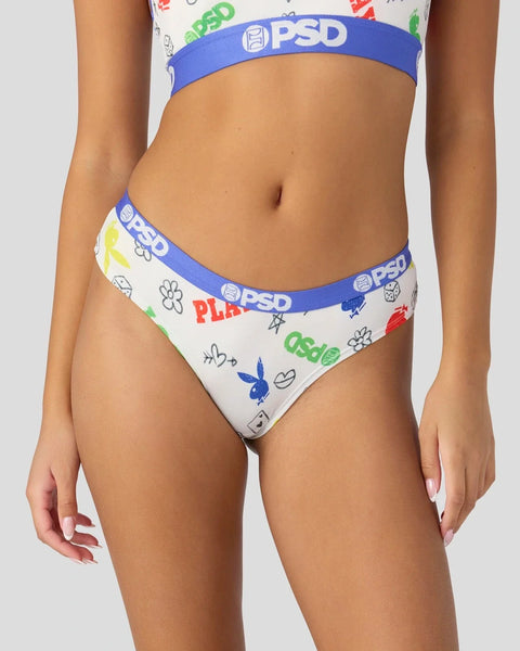 Two-piece swimsuit set with blue waistband featuring PSD and Playboy logos on white patterned fabric.