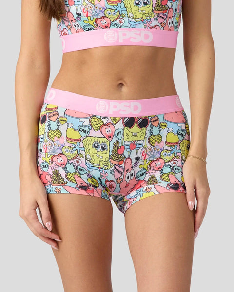 SpongeBob and character print sports bra and boyshort set with pink waistbands.
