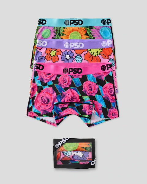 Three boxer briefs with neon floral prints in pink, purple, and multicolor designs, featuring branded waistbands.