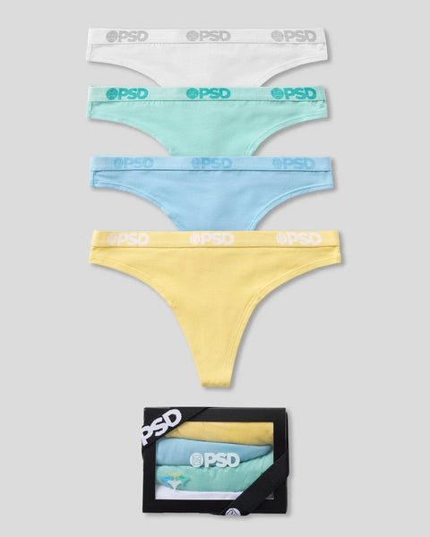 Four modal briefs in white, mint, light blue, and yellow with PSD waistbands, displayed individually and packaged in a black 
