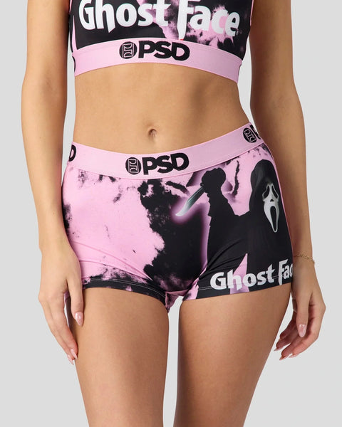 Pink and black Ghost Face sports bra and boyshort set with PSD waistband branding.